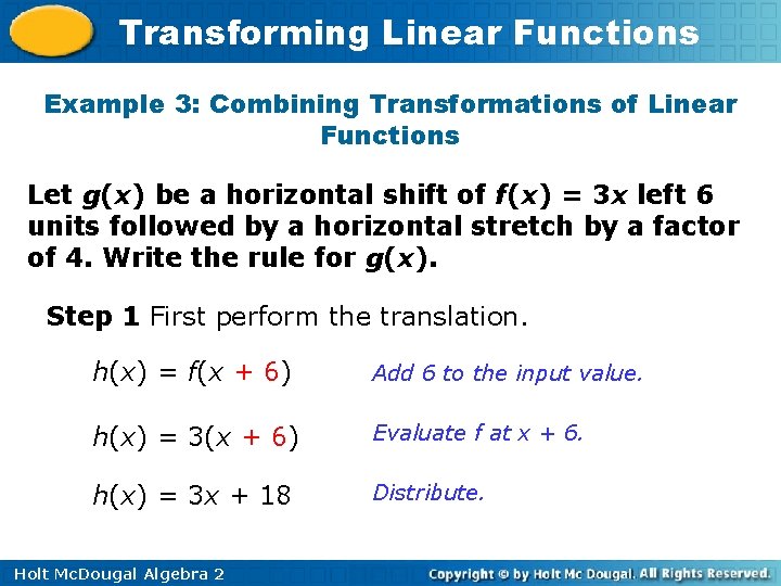 Transforming Linear Functions Example 3: Combining Transformations of Linear Functions Let g(x) be a