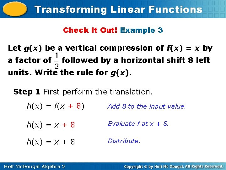 Transforming Linear Functions Check It Out! Example 3 Let g(x) be a vertical compression