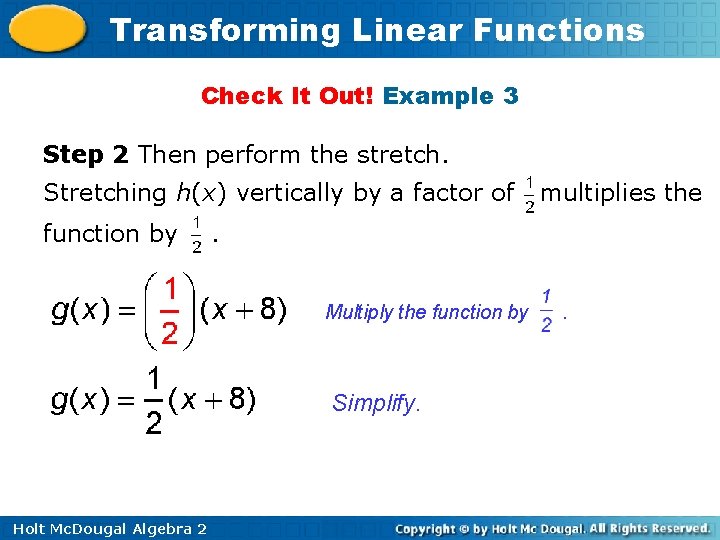 Transforming Linear Functions Check It Out! Example 3 Step 2 Then perform the stretch.