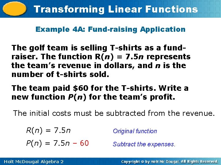 Transforming Linear Functions Example 4 A: Fund-raising Application The golf team is selling T-shirts