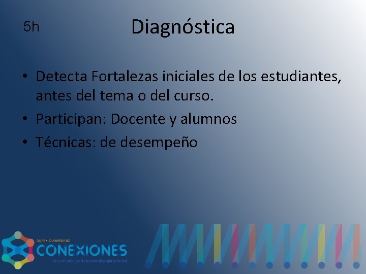 5 h Diagnóstica • Detecta Fortalezas iniciales de los estudiantes, antes del tema o