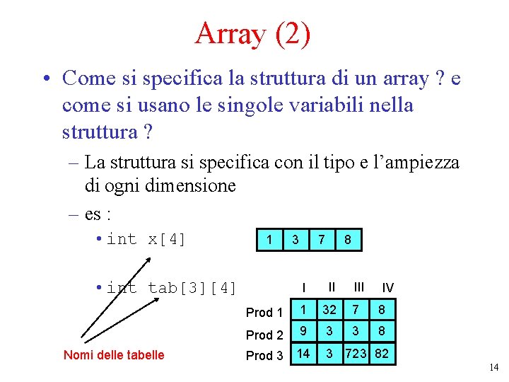 Array (2) • Come si specifica la struttura di un array ? e come
