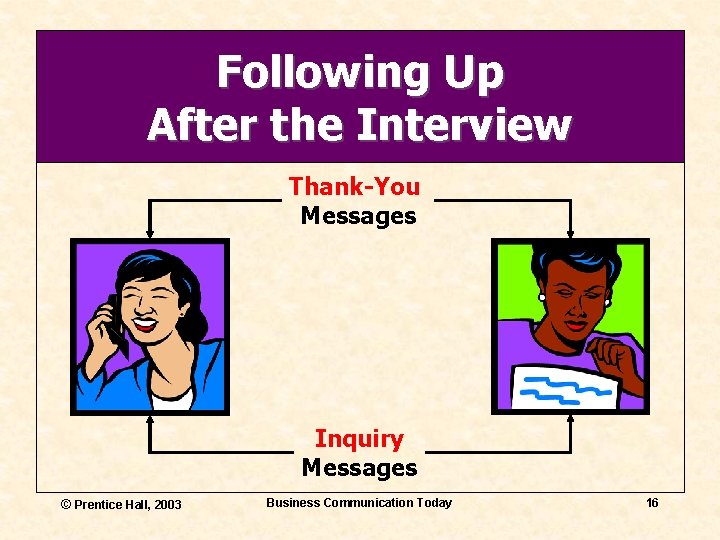 Following Up After the Interview Thank-You Messages Inquiry Messages © Prentice Hall, 2003 Business