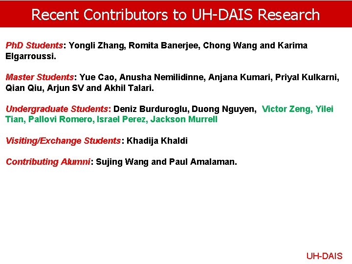 Recent Contributors to UH-DAIS Research Ph. D Students: Yongli Zhang, Romita Banerjee, Chong Wang