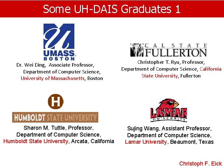Some UH-DAIS Graduates 1 Dr. Wei Ding, Associate Professor, Department of Computer Science, University
