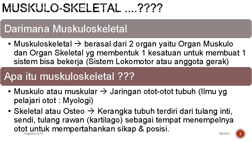 Darimana Muskuloskeletal • Muskuloskeletal berasal dari 2 organ yaitu Organ Muskulo dan Organ Skeletal