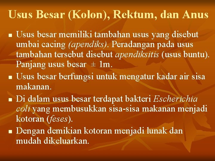 Usus Besar (Kolon), Rektum, dan Anus n n Usus besar memiliki tambahan usus yang