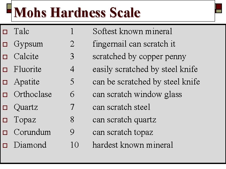 Mohs Hardness Scale o o o o o Talc Gypsum Calcite Fluorite Apatite Orthoclase