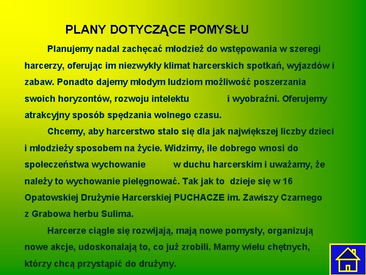 PLANY DOTYCZĄCE POMYSŁU Planujemy nadal zachęcać młodzież do wstępowania w szeregi harcerzy, oferując im