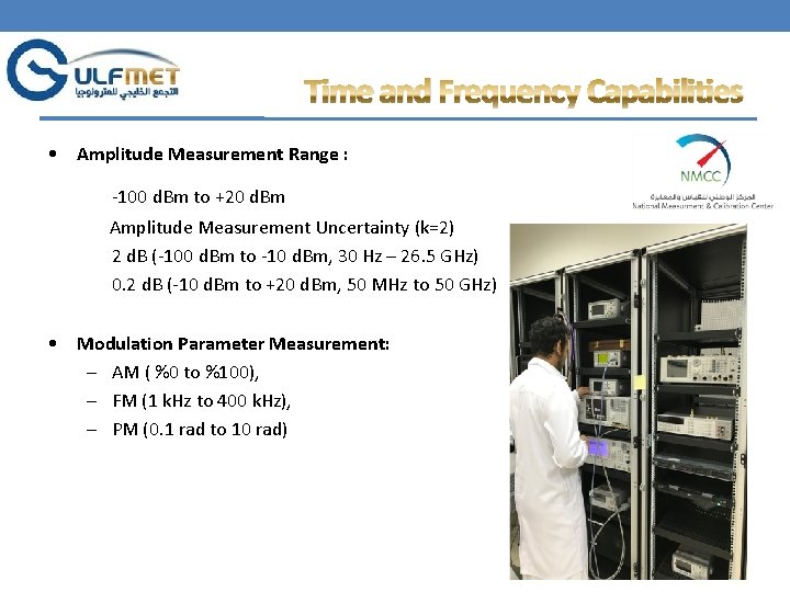 Time and Frequency Capabilities • Amplitude Measurement Range : -100 d. Bm to +20