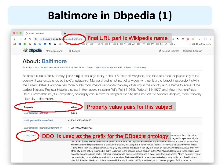 Baltimore in Dbpedia (1) final URL part is Wikipedia name Property value pairs for
