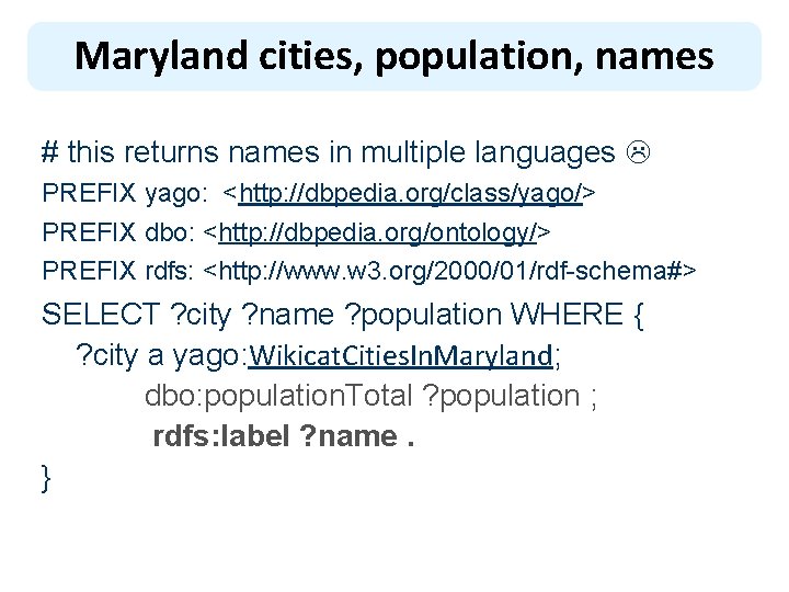 Maryland cities, population, names # this returns names in multiple languages PREFIX yago: <http: