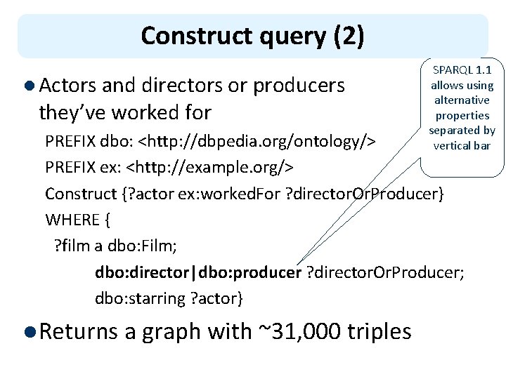 Construct query (2) l Actors and directors or producers they’ve worked for SPARQL 1.