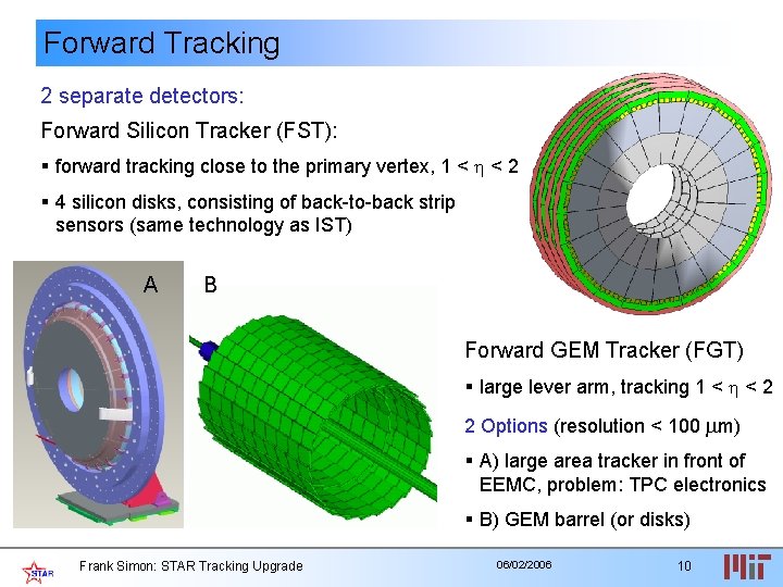 Forward Tracking 2 separate detectors: Forward Silicon Tracker (FST): § forward tracking close to
