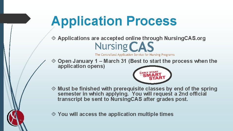Application Process Applications are accepted online through Nursing. CAS. org Open January 1 – Application Process Applications are accepted online through Nursing. CAS. org Open January 1 –