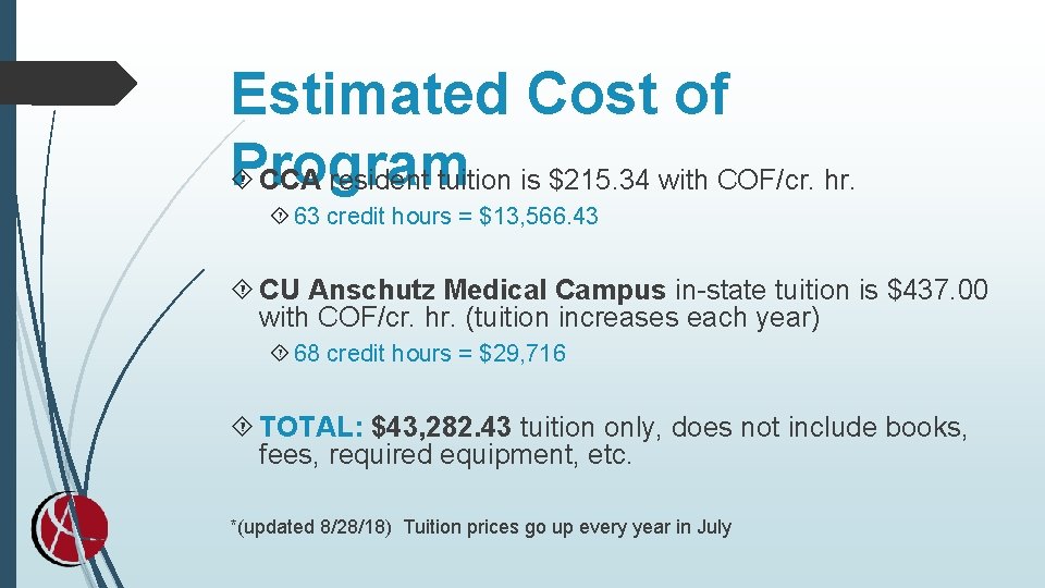 Estimated Cost of Program CCA resident tuition is $215. 34 with COF/cr. hr. 63 Estimated Cost of Program CCA resident tuition is $215. 34 with COF/cr. hr. 63