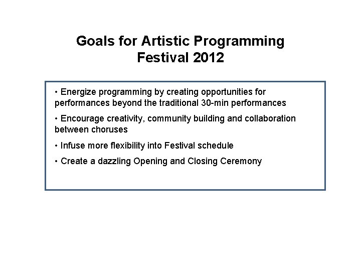 Goals for Artistic Programming Festival 2012 • Energize programming by creating opportunities for performances