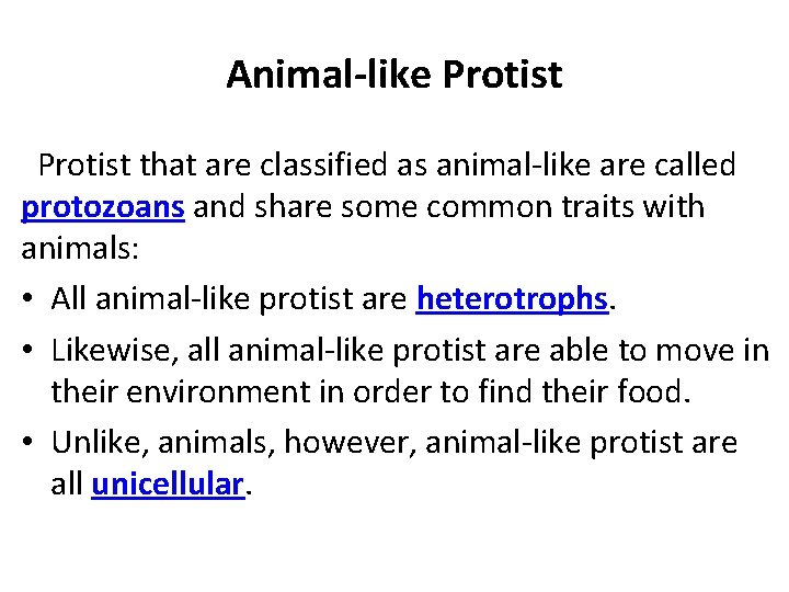 Animal-like Protist that are classified as animal-like are called protozoans and share some common