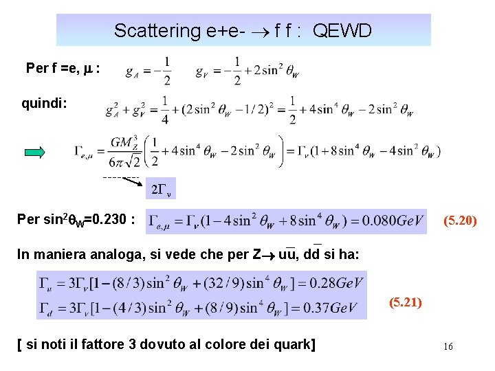 Scattering e+e- f f : QEWD Per f =e, : quindi: 2 G Per