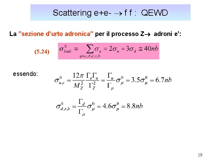 Scattering e+e- f f : QEWD La ”sezione d’urto adronica” per il processo Z