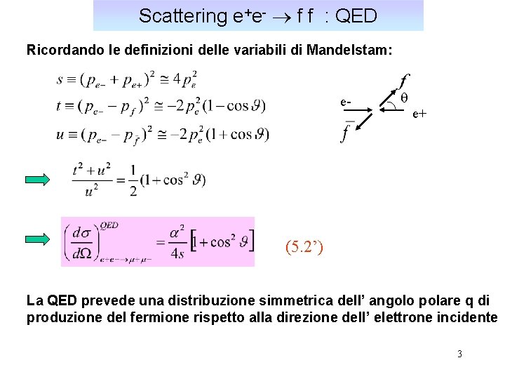 Scattering e+e- f f : QED Ricordando le definizioni delle variabili di Mandelstam: e-