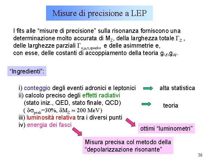 Misure di precisione a LEP I fits alle “misure di precisione” sulla risonanza forniscono