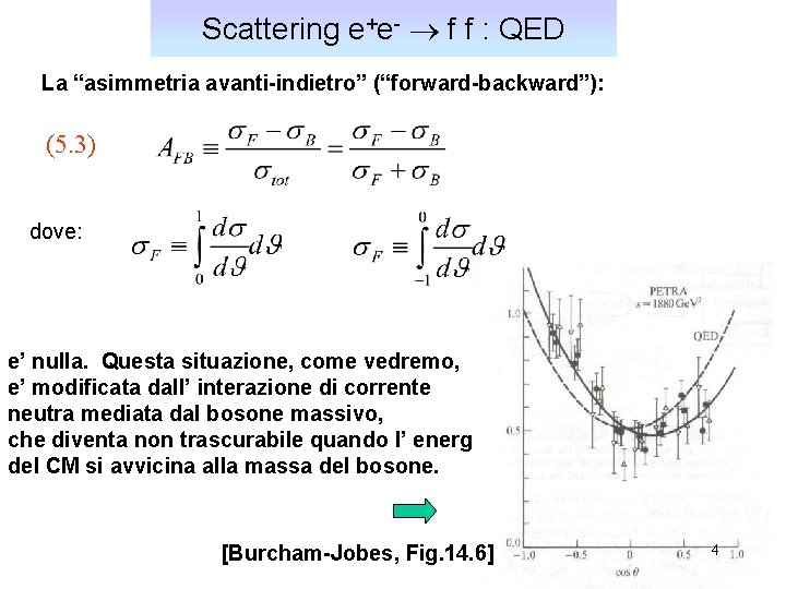 Scattering e+e- f f : QED La “asimmetria avanti-indietro” (“forward-backward”): (5. 3) dove: e’