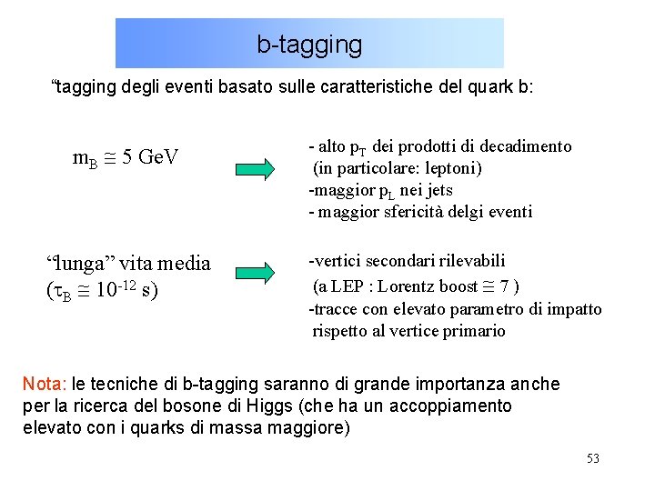 b-tagging “tagging degli eventi basato sulle caratteristiche del quark b: m. B 5 Ge.