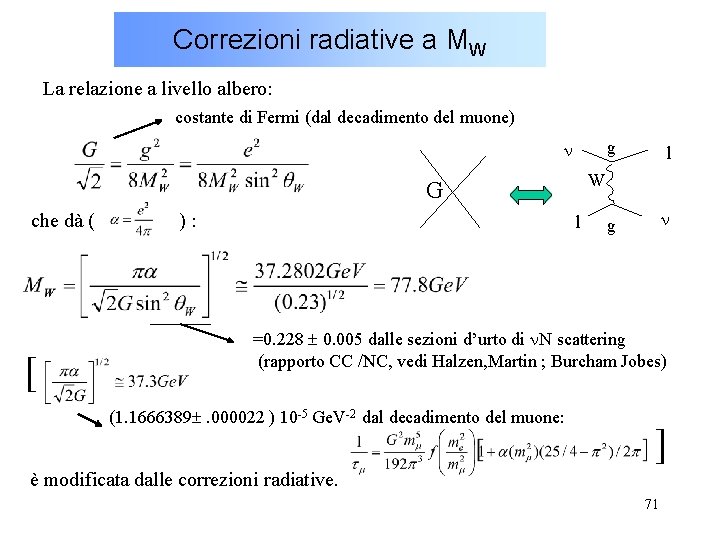 Correzioni radiative a MW La relazione a livello albero: costante di Fermi (dal decadimento