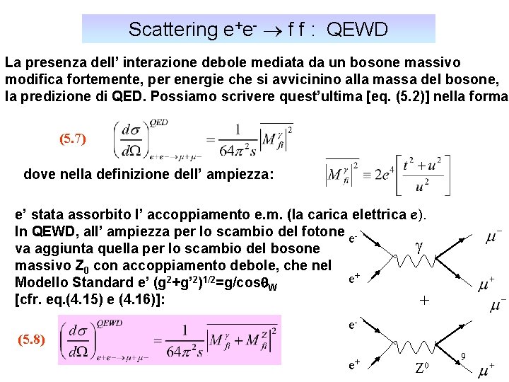 Scattering e+e- f f : QEWD La presenza dell’ interazione debole mediata da un