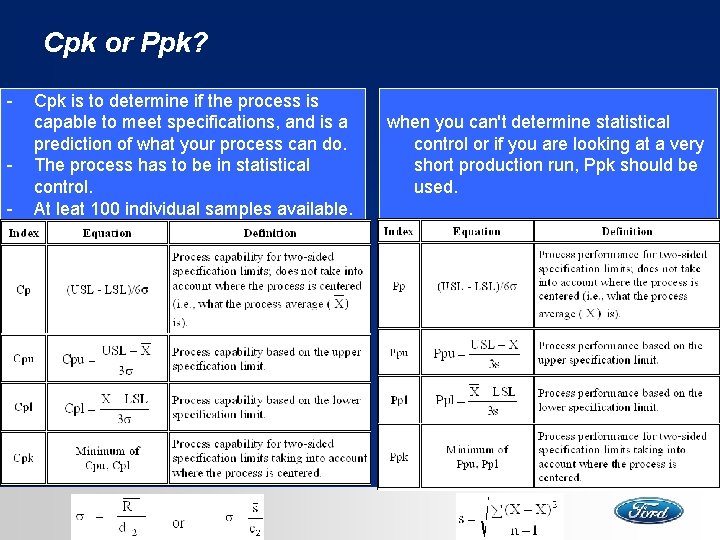 Cpk or Ppk? - Cpk is to determine if the process is capable to