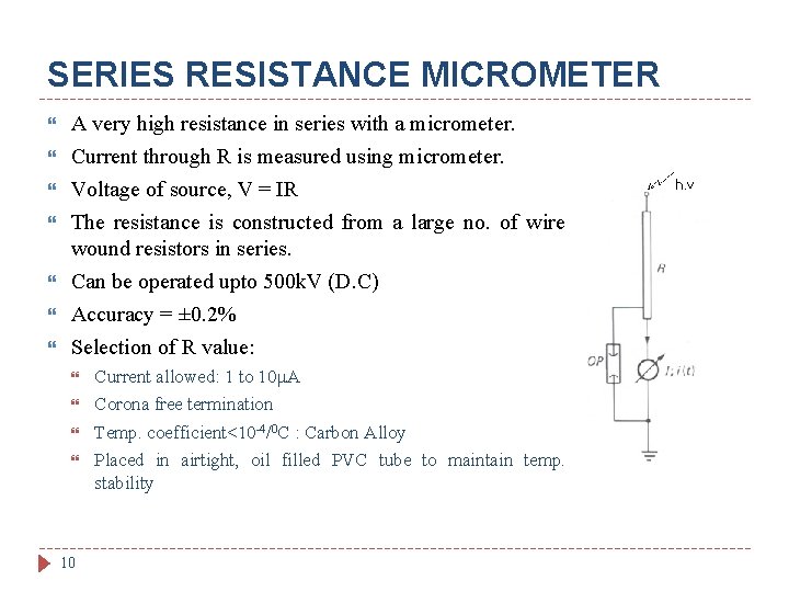 SERIES RESISTANCE MICROMETER A very high resistance in series with a micrometer. Current through