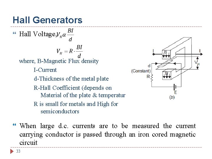 Hall Generators Hall Voltage, where, B-Magnetic Flux density I-Current d-Thickness of the metal plate