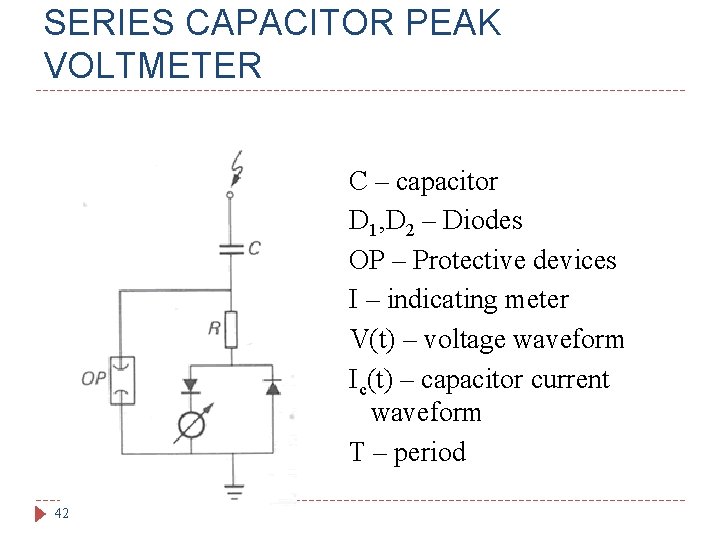 SERIES CAPACITOR PEAK VOLTMETER C – capacitor D 1, D 2 – Diodes OP