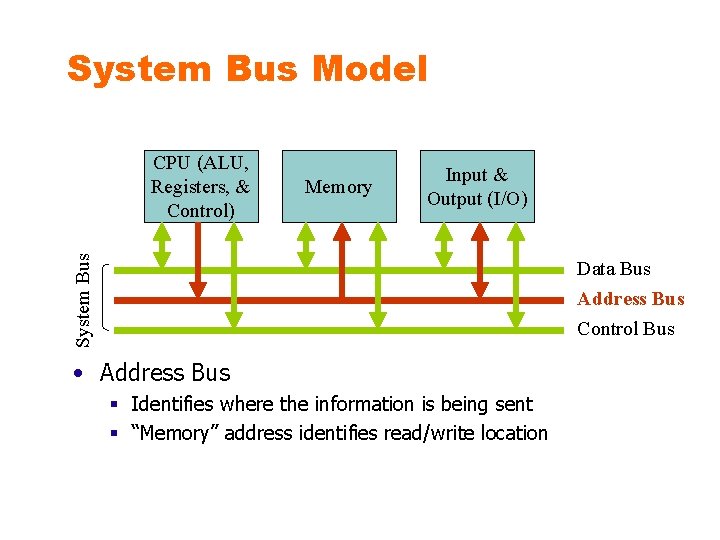 System Bus Model Memory Input & Output (I/O) System Bus CPU (ALU, Registers, &