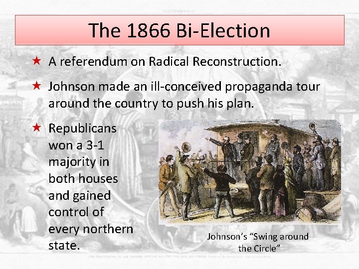 The 1866 Bi-Election « A referendum on Radical Reconstruction. « Johnson made an ill-conceived