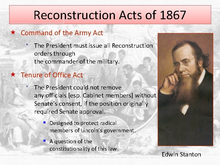 Reconstruction Acts of 1867 « Command of the Army Act * The President must