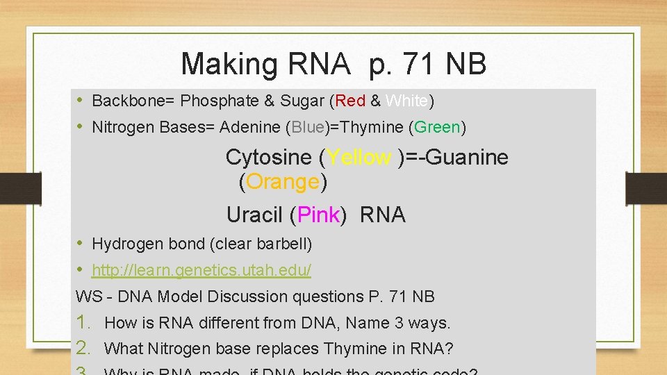 Making RNA p. 71 NB • Backbone= Phosphate & Sugar (Red & White) •