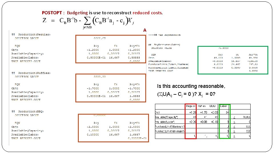 POSTOPT : Budgeting is use to reconstruct reduced costs. A Is this accounting reasonable,