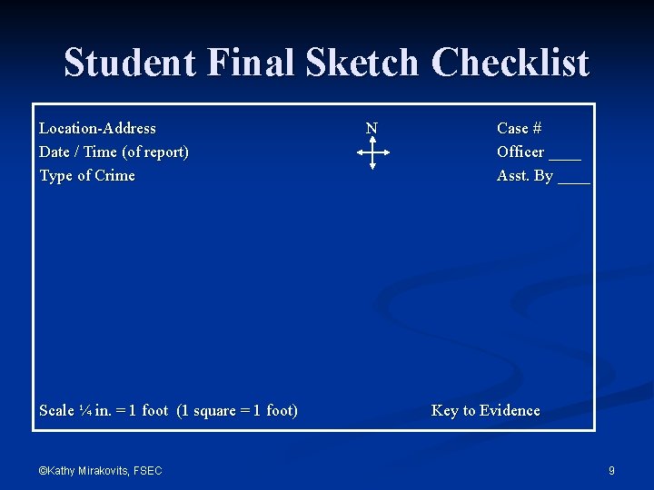 Student Final Sketch Checklist Location-Address Date / Time (of report) Type of Crime Scale