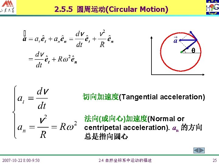 2. 5. 5 圆周运动(Circular Motion) a 切向加速度(Tangential acceleration) 法向(或向心)加速度(Normal or centripetal acceleration). an 的方向