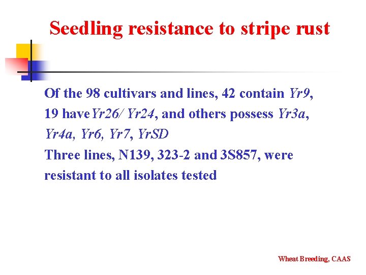 Seedling resistance to stripe rust Of the 98 cultivars and lines, 42 contain Yr