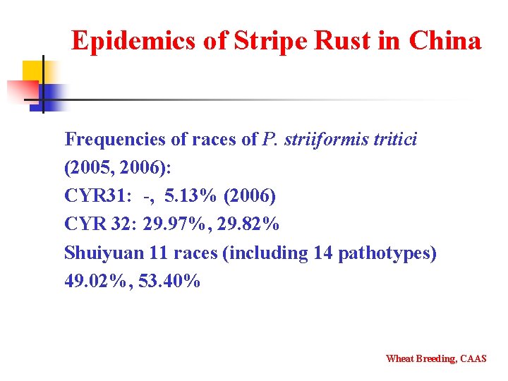 Epidemics of Stripe Rust in China Frequencies of races of P. striiformis tritici (2005,