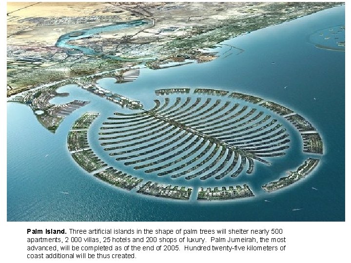 Palm Island. Three artificial islands in the shape of palm trees will shelter nearly