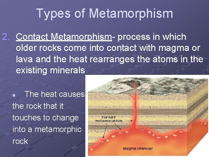 Types of Metamorphism 2. Contact Metamorphism- process in which older rocks come into contact