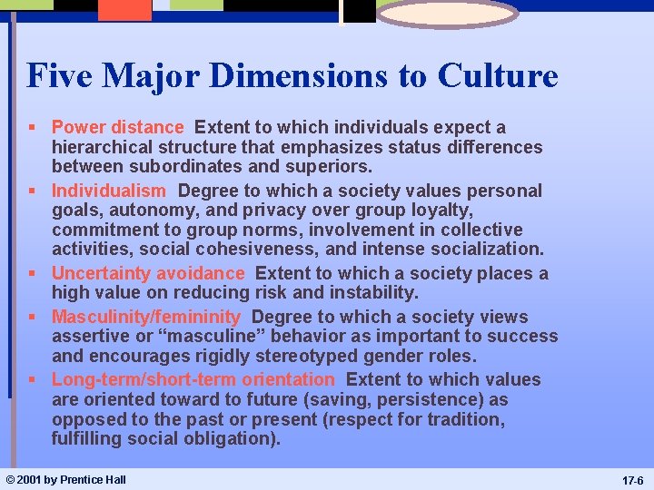 Five Major Dimensions to Culture § Power distance Extent to which individuals expect a