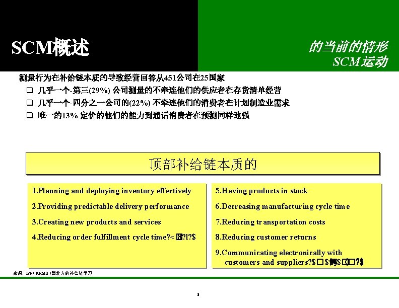 SCM概述 的当前的情形 SCM运动 测量行为在补给链本质的导致经营回答从451公司在 25国家 q 几乎一个-第三(29%) 公司测量的不牵连他们的供应者在存货清单经营 q 几乎一个-四分之一公司的(22%) 不牵连他们的消费者在计划制造业需求 q 唯一的13% 定价的他们的能力到通话消费者在预测同样地强