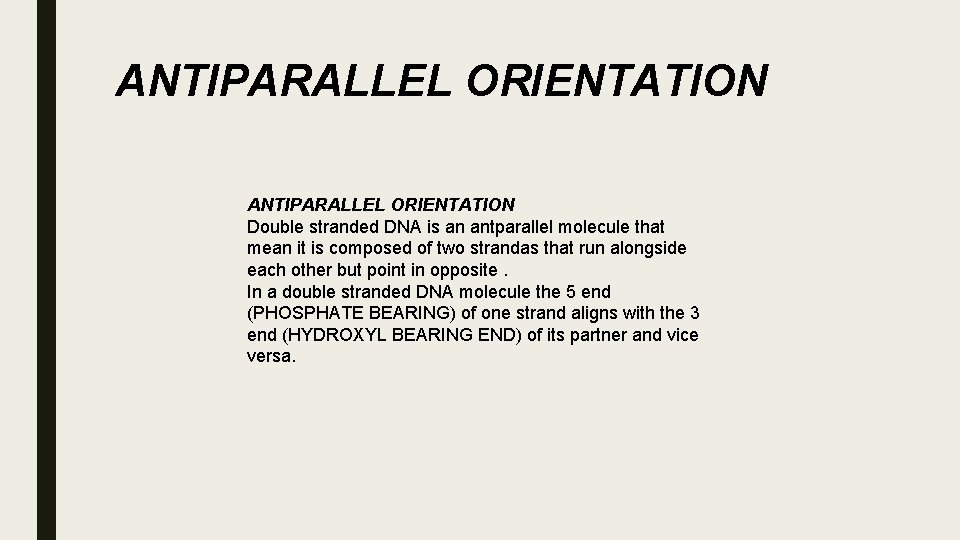 ANTIPARALLEL ORIENTATION Double stranded DNA is an antparallel molecule that mean it is composed