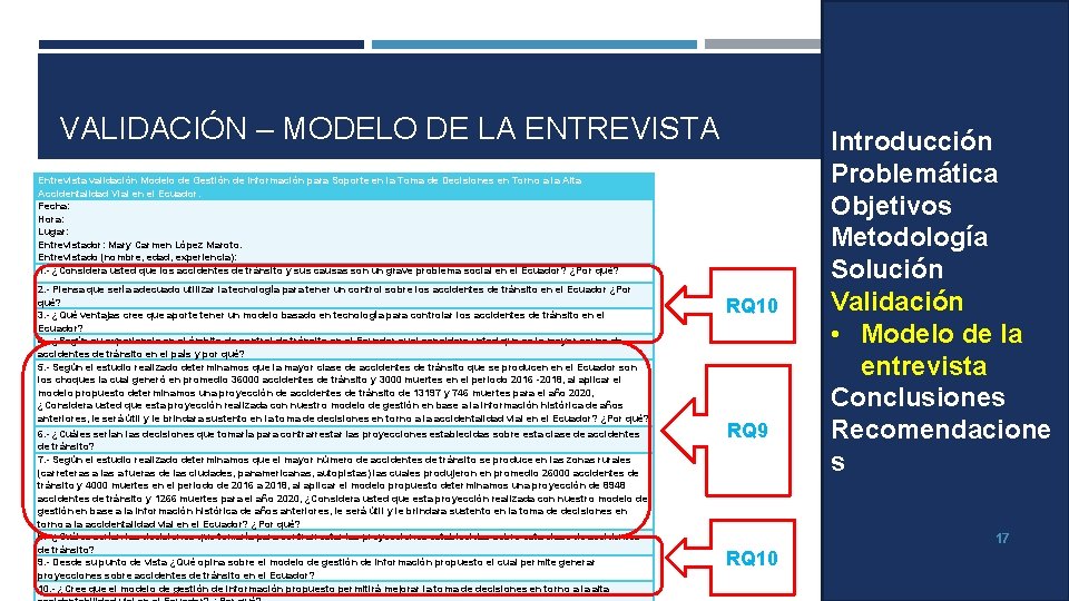 VALIDACIÓN – MODELO DE LA ENTREVISTA Entrevista validación Modelo de Gestión de Información para