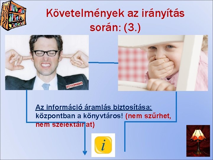 Követelmények az irányítás során: (3. ) Az információ áramlás biztosítása; központban a könyvtáros! (nem